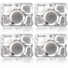 Hacaroa 4 Pack Stainless Steel Divided Plate, 15x10.6 Inches Dinner Snack Serving Plate with 6 Compartment, Metal Food Trays for Kids, Adults, Camping, Diet Food Portion Control, Picky Eaters