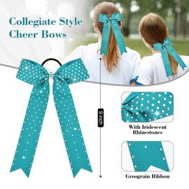 DEEKA 12 PCS Glitter Collegiate Style Cheer Bows Long Tail Full Rhinestones Skinny Shiny Cheer Bow Ponytail Holder Handmade Bows for Girls Teens Cheerleader Sports -Teal