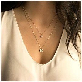 Iaceble Boho Layered Pearl Necklace Gold Textured Disc Coin Necklace Tiny Pearl Choker Necklace Engraved Coin Pendant Necklace Jewelry for Women and Girls