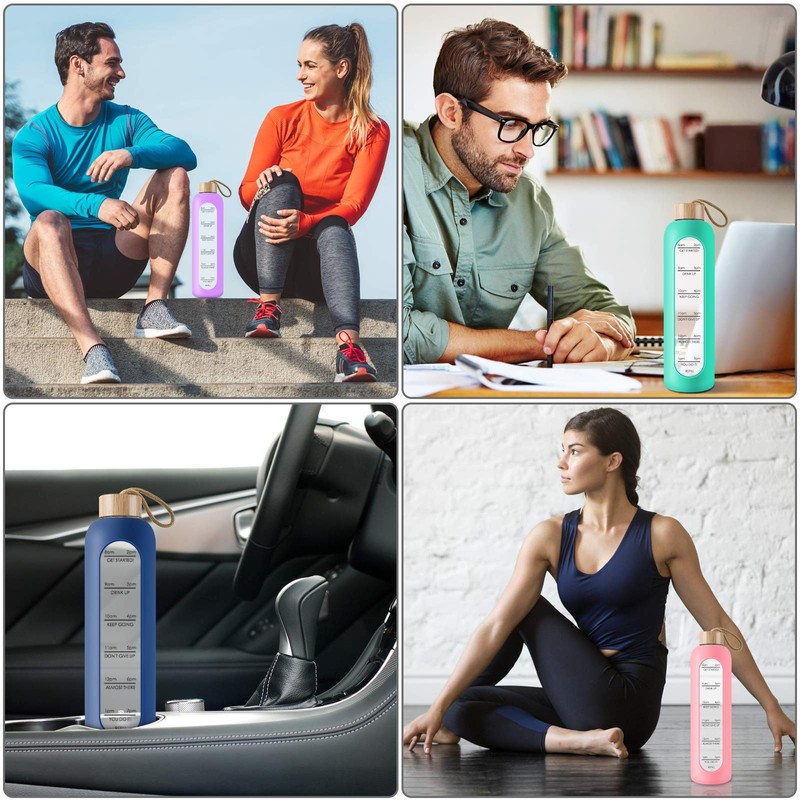 PROBTTL 32 Oz Borosilicate Glass Water Bottle with Time Marker