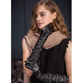 YISEVEN Women’s Long Leather Gloves Opera Length Touchscreen Pleat Detail Lined Genuine Lambskin Winter Cold Weather Accessories for Ladies Dress Driving Evening Party Gifts, Black Size 7.5 L