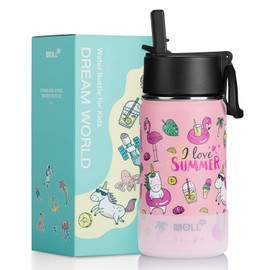 Mollcity Kids Insulated Water Bottle, 12 Ounce Stainless Steel Double Wall Vacuum Water Bottle with Leak Proof Straw Lid, Gift for Boy, Girls(Pink)