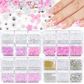 4 Boxes 3D Flower Nail Charms and Gems - Pink/White Nail Flower & Bow Charms Crystal AB Clear Gemstones Silver/Gold Caviar Beads White/AB Pearls for Women DIY Manicure Crafts (20-S4-PinkWhite)