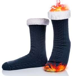 DoSmart Mens Fuzzy Slipper Socks Fleece Cozy Winter Warm Non Slip Socks Soft Fluffy Indoor Christmas Grips Socks(Blue)