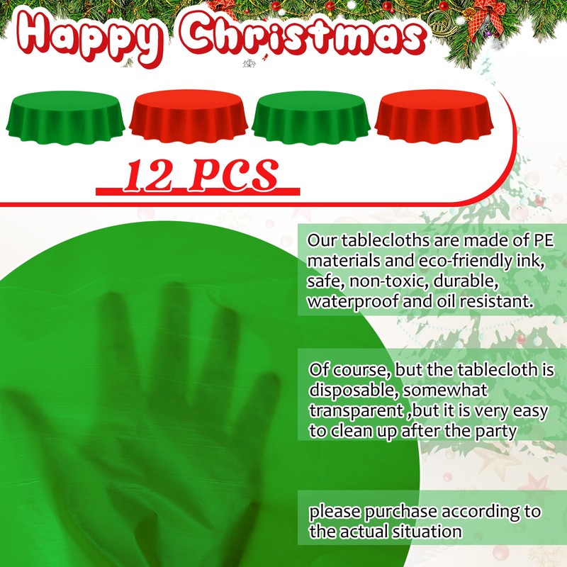 Amylove 12 Pcs Christmas Plastic Tablecloth 84 Inch Round Disposable