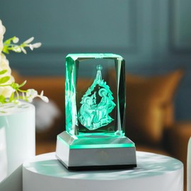 YWHL 3D Crystal Easter Jesus Nativity Manger Scene Figurine with Colorful Light Base, Laser Engraved Birth of Baby Jesus Statue Christmas Religious Gifts, Holy Family Collectible Decor