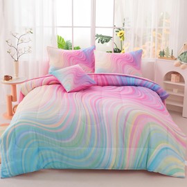 ASKOTU Girls Twin Bedding Sets, 6 Pcs Pink Twin Szie Comforter Set with Sheets, Tie Dye Superior Blue Pink Rainbow Bedding Set for Girls Kids