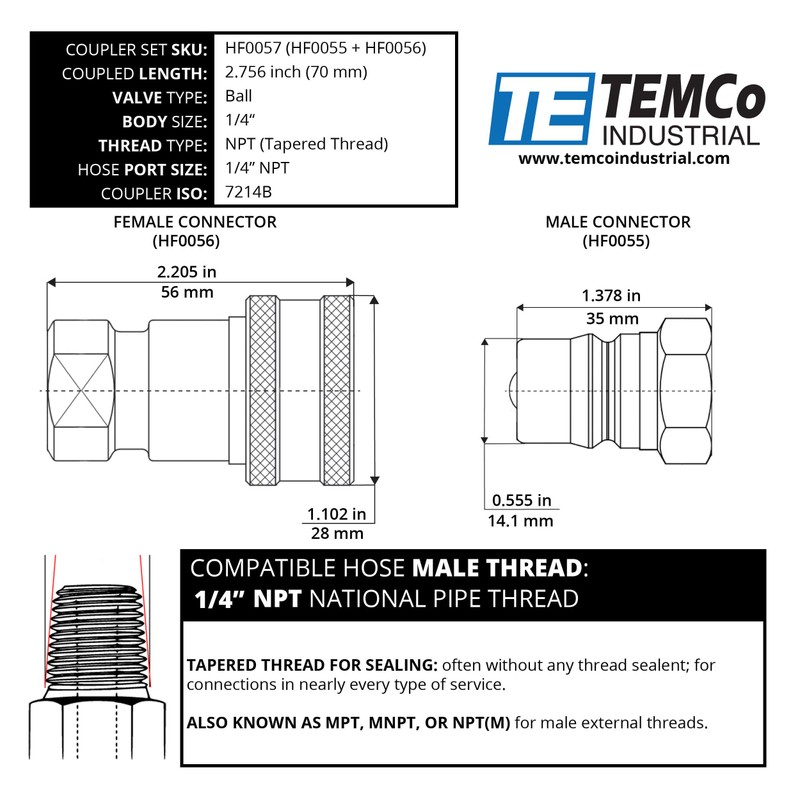 TEMCo 1/4" Female NPT Thread 1/4" Body Pair Hydraulic Coupler
