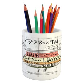 Ambesonne Alcohol Pencil Pen Holder, Exotic Mai Tai Cocktail with Ingredients Illustration Vintage Style Sketch, Printed Ceramic Pencil Pen Holder for Desk Office Accessory, Multicolor