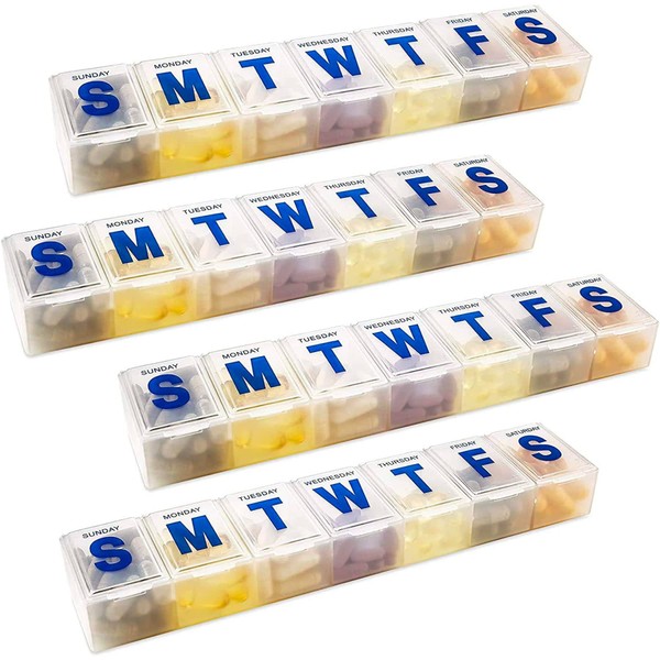 7 Day Pill Organiser Extra Large Pill Planner and Medication Reminder Monday to Sunday Compartments BPA Free Pack of 4