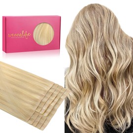 WENNALIFE Invisi Edge Tape in Hair Extensions Human Hair, 24 Inch 50g 20pcs Light Blonde Highlighted Golden Blonde Invisible Luxury Remy Hair Extensions Natural Seamless Injected Tape Ins Straight