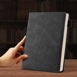 Hongmeru A5 Lined Notebook - PU Leather Hardback Notepad with Pen Loop & Ribbon, 100GSM Thick Paper, 360 Pages (180 Sheets) for Journaling, Planning, Office & School Use - Black