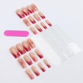 Press on Nails Medium Square Fake Nails with 3D Pink Flower Designs Full Cover False Nails for Women Manicure 24 Pcs (P-20, M-20)