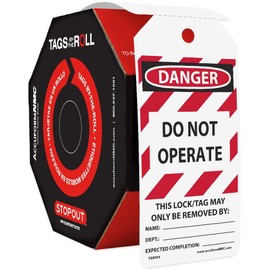 Accuform Signs Tags By-The-Roll Lockout Tags, Leyenda "DANGER DO NOT OPERATE EQUIPMENT LOCKED OUT BY", 6.25" de largo x 3" de ancho x 0.010" de grosor, PF-Cardstock, rojo/negro sobre blanco, rojo/negro en blanco, 100 Tags/Roll