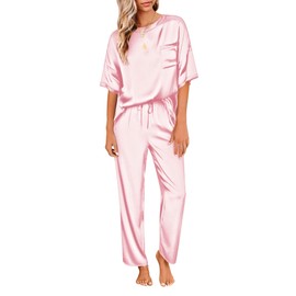 Ekouaer Womens Silk Satin Pajamas Set Two Piece Pj Sets Sleepwear Loungewear Short Sleeve Pj Sets Pink