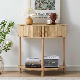 XUZENEST Fluted Half Moon Console Table, Modern Small Entry Table Sofa Table with Storage, Solid Wood Legs Narrow Entryway Table for Living Room, Hallway, Foyer(Natural)