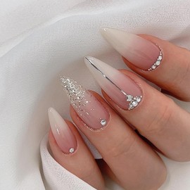 Press on Nails Long Almond Nails Milk White Gradient False Nails Silver Glitter Powder Rhinestones Design Fake Nails Artificial Acrylic Nails Full Cover Reusable Coffin Nails Glue on Nails for Women