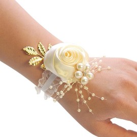 PTNKUIIY Wrist Flower, Wedding Wrist Flowers with Pearl Rhinestone Wrist Hand Flower Corsage Flower Bracelet Rose Corsage Bangle for Festival, Beach Party, Prom Accessories – Beige