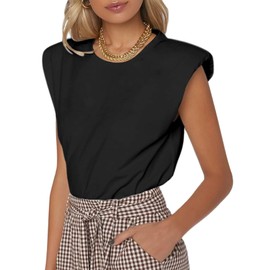 SOFIA'S CHOICE Women's Shoulder Pad Tops Casual Round Neck Loose Sleeveless Tank Top T-Shirt Black Medium