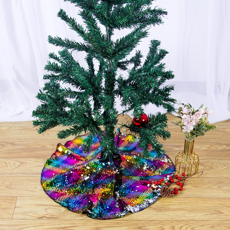 Christmas Tree Skirt 24 Inches Rainbow to Silver Reversible Sequin