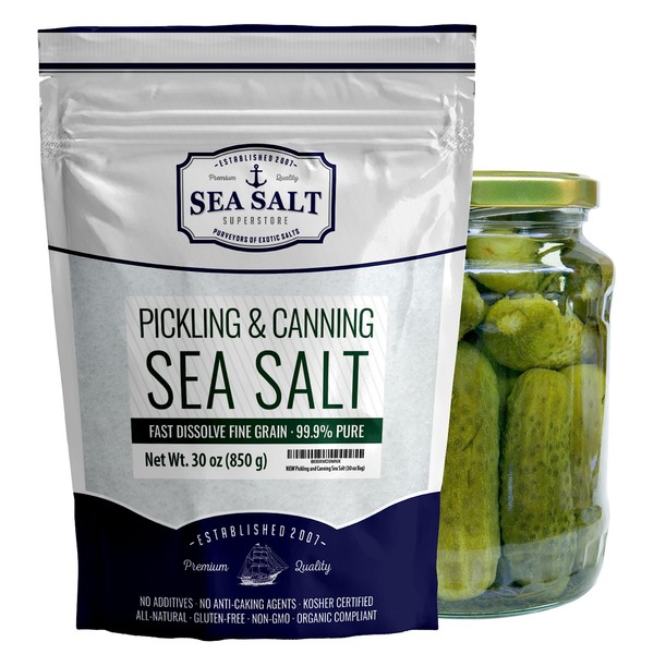 Pickling and Canning Salt, Curing Salt for Natural Preserving, Non-Iodized and Kosher Fine Brining Sea Salt, 30 oz Bag - Sea Salt Superstore