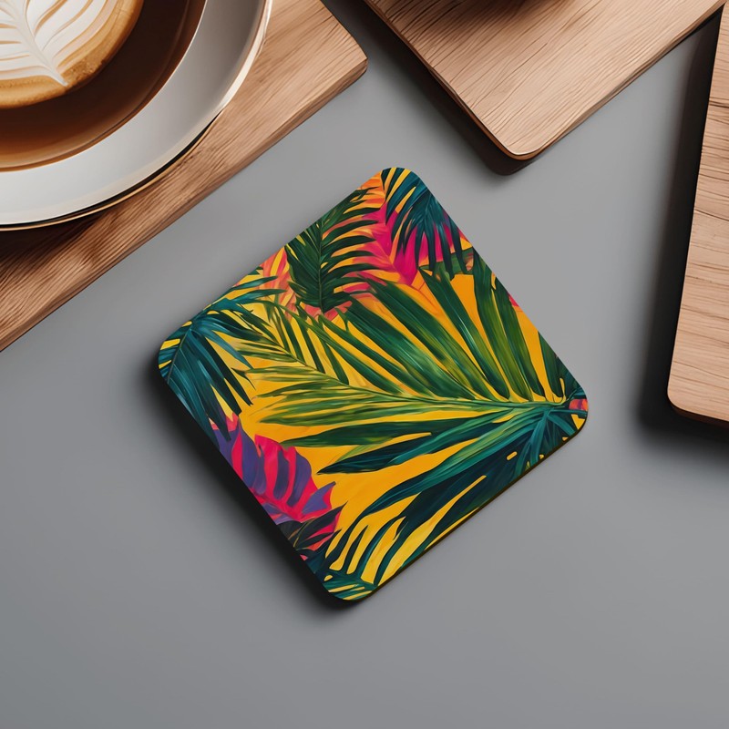 Tropical Leaf Coaster Set, Exotic Floral Art 9cm Glossy Wood