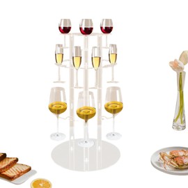 FIPINIXK 3 Tier Champagne Display Rack Stand Clear Acrylic Champagne Holder with Ω Cup Holder Champagne Glass Holder for Birthday Parties Weddings Engagement Ceremonies, 14 × 26 Inch