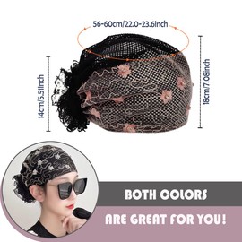 Pemilosci 2 Pack Lace Beanie Hat Mesh Cap Head Hair Scarf Wrap Summer Hat Skull Cap for Beach Hat for Women - Lace004 - Pink & Black