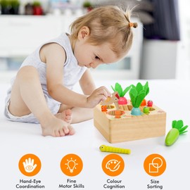 XIAPIA Montessori Toy from 1 Years, Baby Motor Skills Toy, Wooden Plug-in Game, Educational Toy, Carrot Harvest Gift for Children, Boys, Girls for Birthday, New Year, Christmas