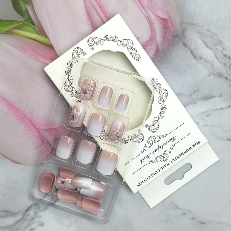 White Flower Press on Nails Short Square Fake Nails with