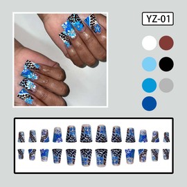 24pcs Medium Press On Nails Duck Fake Nails Flower Rhinestone With Leopard Print Design Blue False Nails Artificial Nails Glossy Full Cover Acrylic Glue On Nails Stick On Nails For Women Manicure