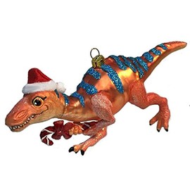 December Diamonds Blown Glass Ornament - Tarascosaurus Dinosaur with Candy Cane & Santa Hat
