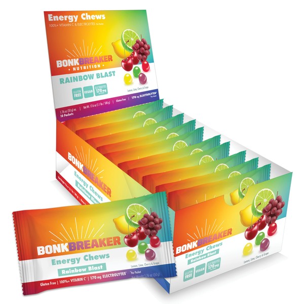 Bonk Breaker Energy Chews, Dairy-Free, Gluten-Free Ingredients to Provide Quick Energy and Focus, 1 Box of 10 Packets, Rainbow Blast
