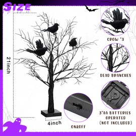Realspring 2 Pcs Glowing Tree with Crows Lighted Mini Birch Tree 24 LED Black Crows Table Decoration for Tabletop Centerpiece Xmas Indoor Home Decor, Operated by Battery