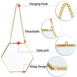 JuxYes 3Pcs Glass Frames for Pressed Flowers, Golden Hanging Picture Frames with Chain, Double Side Glass Wall Hanging Floating Frame, DIY Artwork Photo Display Frames for Dried Plant Specimen Poster(4*6'')