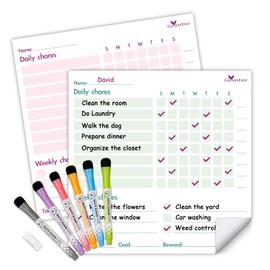 2-Piece Re-stickable Whiteboard Chore Chart Set, Dry Erase Kids Chore Chart, Daily Chore Planner, to-Do List, and 6 Colorful Markers with Erasers, Fridge or Wall Organizer for Home, Office, or School