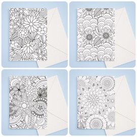 Doodle Flowers Coloring Cards, 5" x 7", Stationary Set, Adult Coloring Cards, with Sentiments, Black Mats and Envelopes, DIY Greeting Cards Set of 8 Coloring Pages
