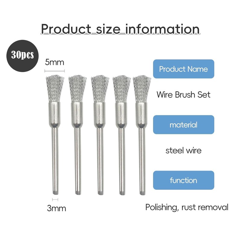 KEWAYO 30Pcs Stainless Steel Wire Brushes 1/5″(5mm) x 1/8″(3mm) Wire