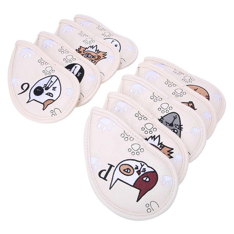 9PCS PU Leather Embroidery Waterproof Golf Putter Head Cover Iron