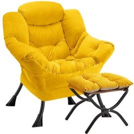 Congermom Lazy Chair with Folding Ottoman Modern Large Accent Chair,Contemporary Lounge Leisure Sofa Chair with Armrests Upholstered Sofa Armchair Reading Chair for Bedroom,Dorm & Office (Yellow-f)