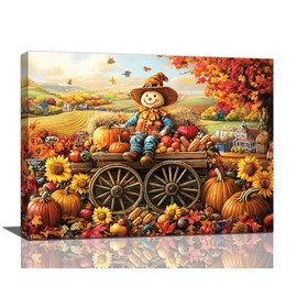 Autumn Wall Art,Rustic Scarecrow Wall Decor Fall Harvest Pumpkin Sunflower Maple Leaf Pictures,Farmhouse Filed Landscape Canvas Prints Painting Artwork for Living Room Bedroom Bathroom 16L" x 12W"