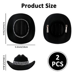 ASUNFO 2 Pcs 6 Inch Cowboy Hat Hair Clips with Rhinestones Western Mini Small Cowgirl Hat Clip for Women Black