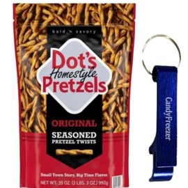 Dots Homestyle Original Seasoned Pretzel Twists, 35 oz (2 lbs 3 oz) – Bold & Savory Crunchy Snack – Resealable Bag – Includes Candy Freezer Bottle Opener Keychain