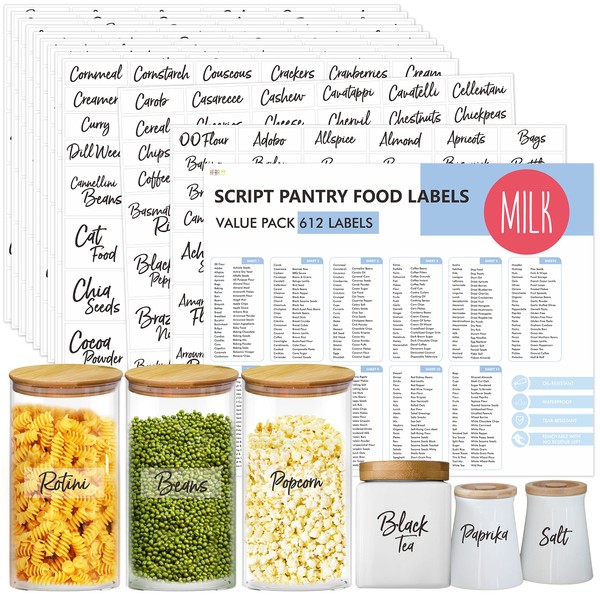612 Script Pantry Food Labels, Water & Oil Resistant Pantry Label Stickers Food Jar Label for Organization and Storage