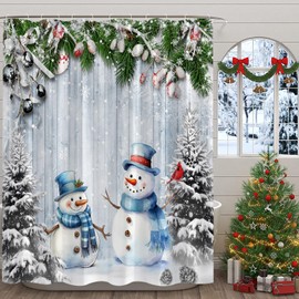 NYCCSM Christmas Shower Curtain Winter Retro Cute Snowman Snow Holiday New Year Fabric Bathroom Decor Sets with Hooks,71W x71H