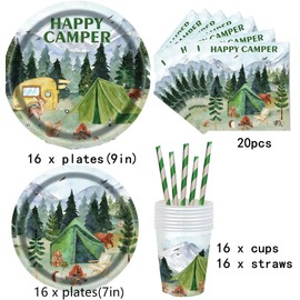 Camping Party Supplies, 9in 7in Camping Party Plates Napkins Cups Straws Camping Party Tableware for 16 Guests Camping Baby Shower Birthday Party Decoration