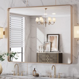 LOAAO 40"X32" Gold Bathroom Mirror, Rounded Rectangle Gold Frame Mirror, Brushed Gold Bathroom Vanity Mirror Wall-Mounted, Anti-Rust, Tempered Glass, Hangs Horizontally or Vertically
