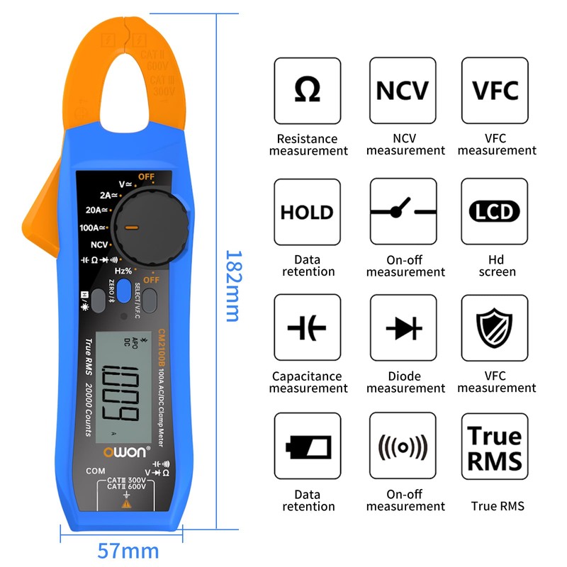 OWON CM2100B Bluetooth Mini Digital Clamp Meter 100A AC DC