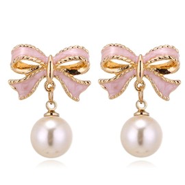 Bow Earrings for Women Trendy Gold Pearl Drop Dangle Earrings Bowknot Stud Wedding Party Daily Jewelry Accessory Gifts (Gold Pink Earring)