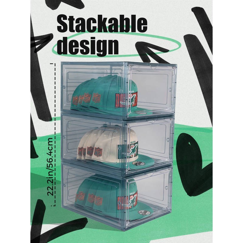 SCAVATA 6 Pack Hat Organizer Box, Stackable Clear Baseball Caps